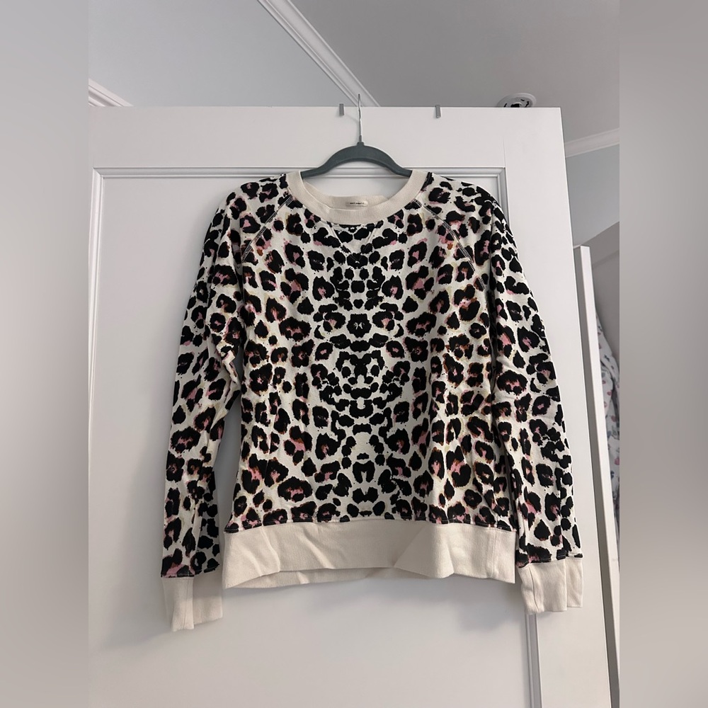 MOTHER Leopard Print Crewneck Sweater in Cream, Black & Pink